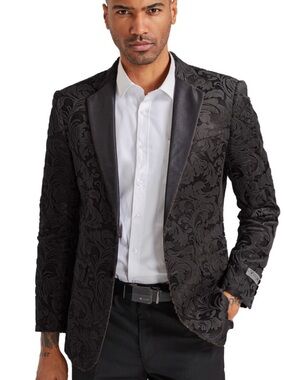 NWOT TureTrendy Black Floral Tuxedo Blazer with Satin Shawl Lapel